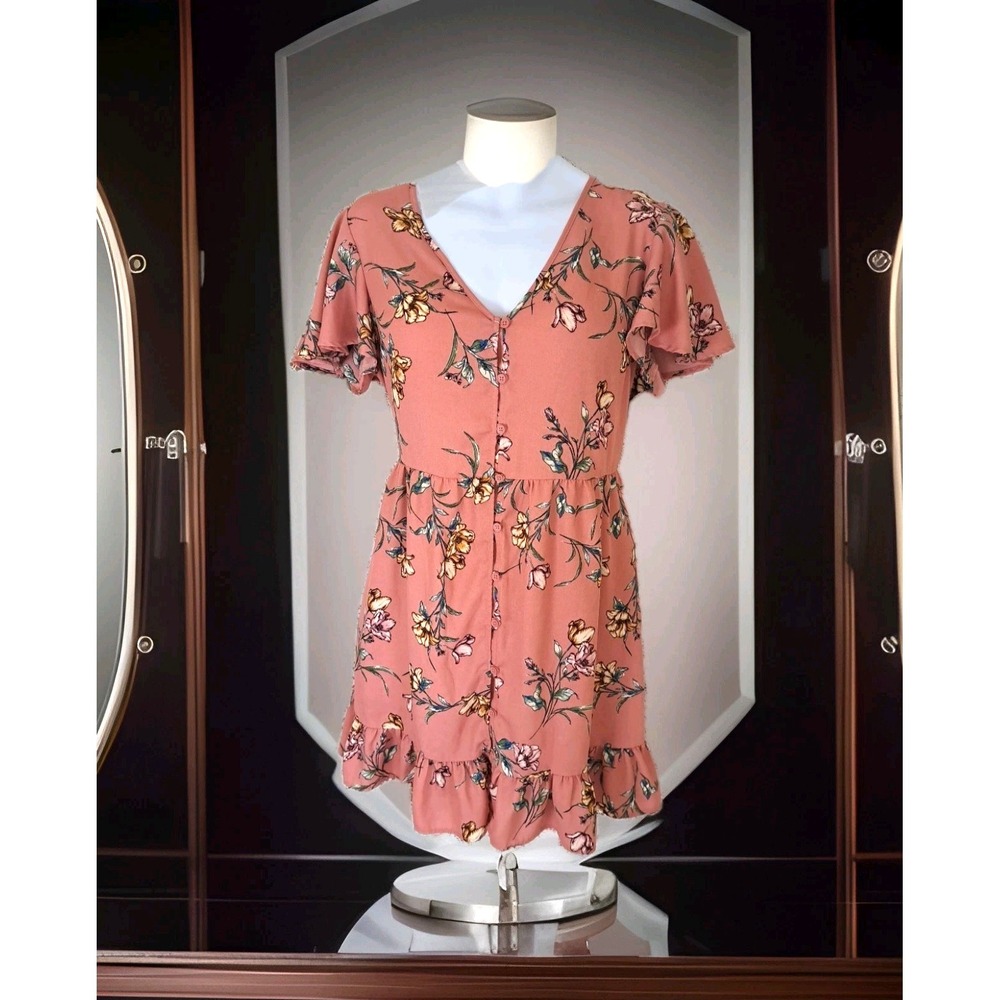 Xhilaration Mini Dress L Peach Floral Flutter Sleeve Button Front Tie Waist Boho